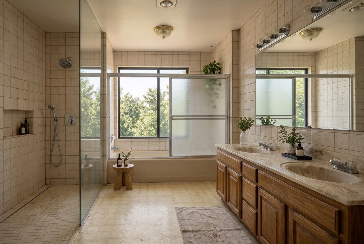 Before image of the same bathroom with dated small wall tile, oak vanity and old tub enclosure