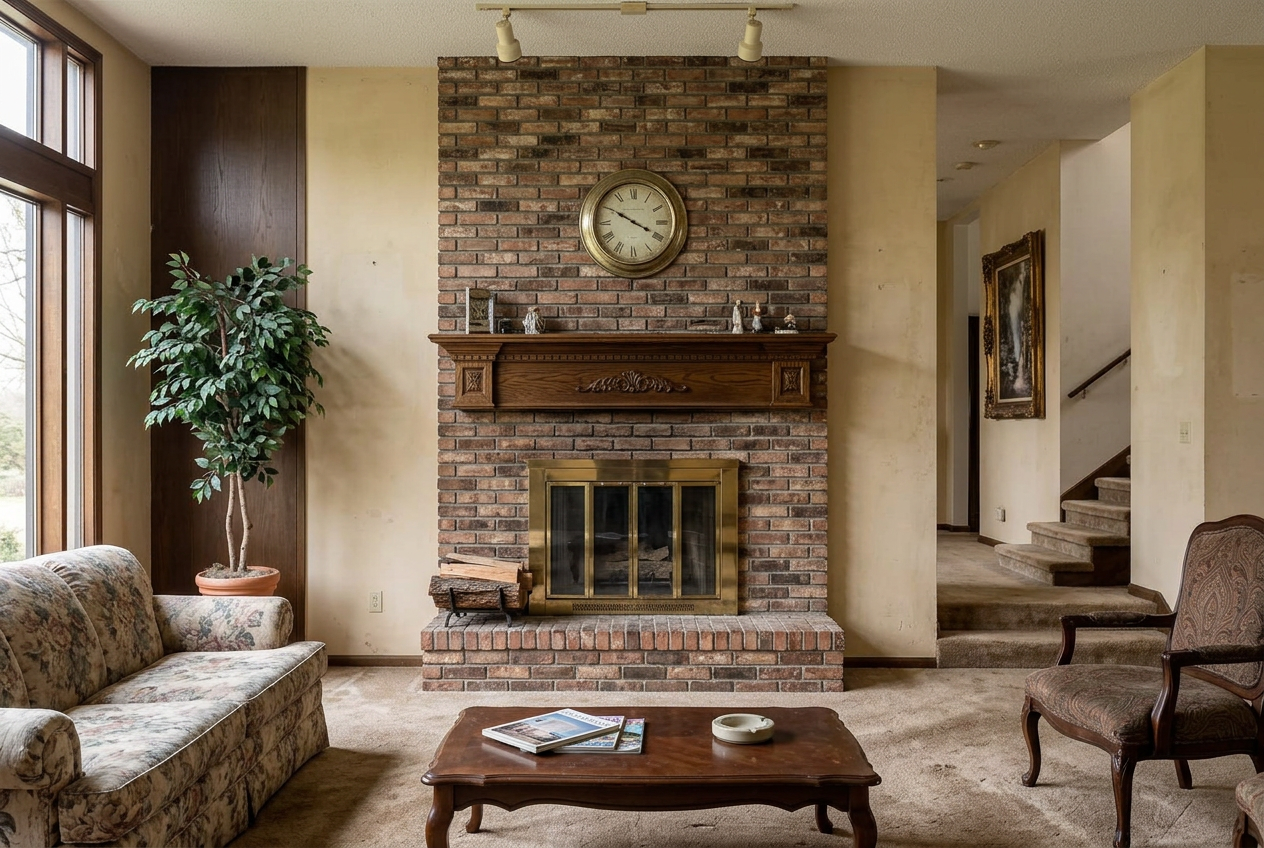 Before image of the same fireplace with dated red brick, oak mantel and brass doors
