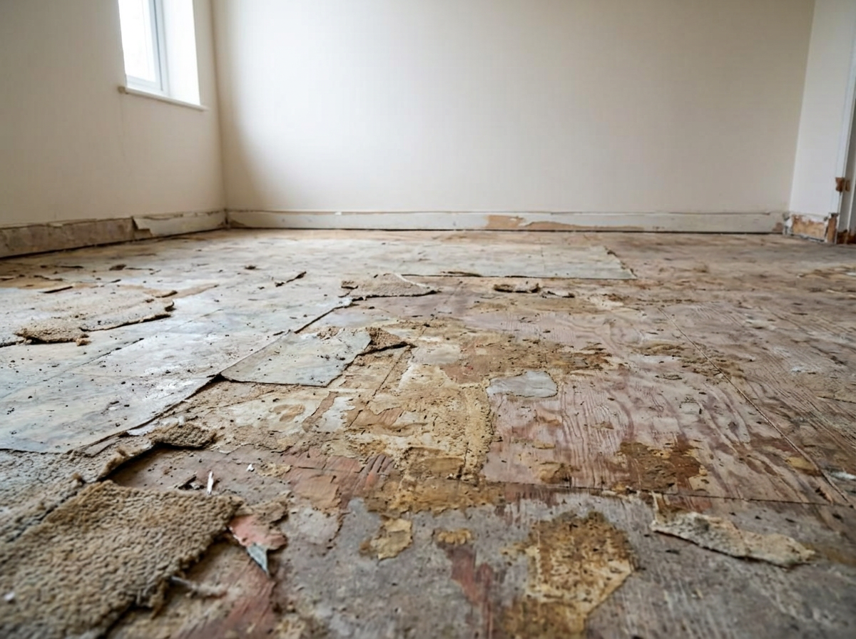 Before image of the same room with torn-up old flooring and damaged subfloor
