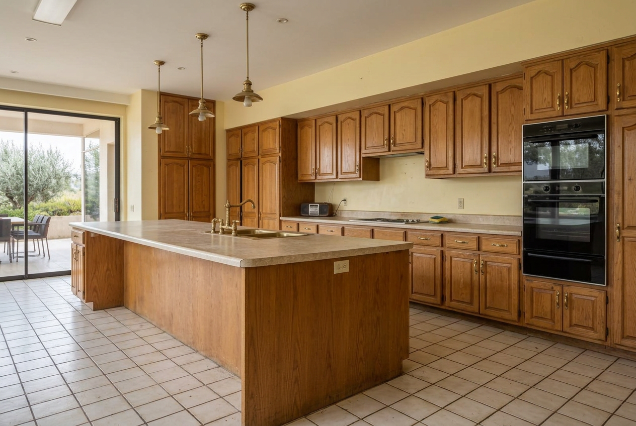 Before image of the same kitchen with dated oak cabinets, laminate counters and old tile floor