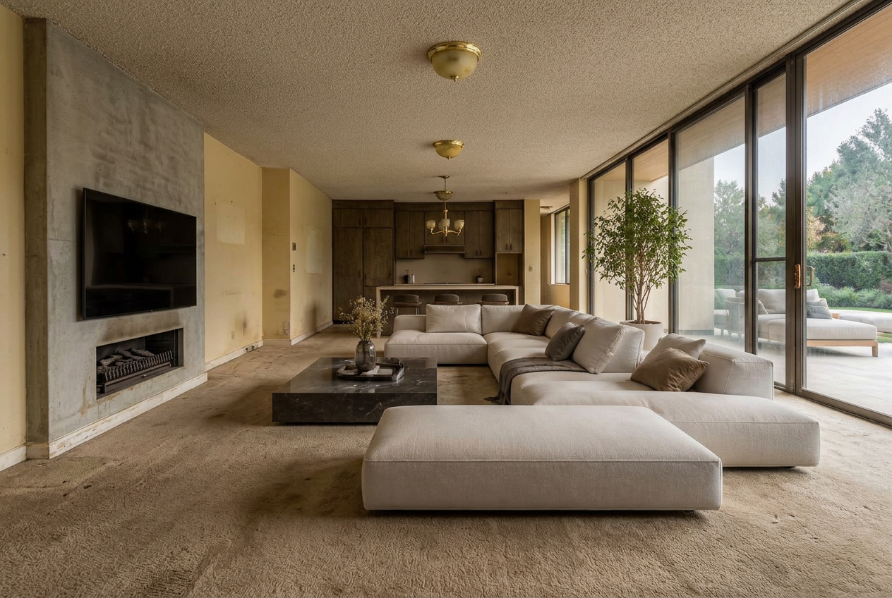 Before image of the same living room with worn carpet, popcorn ceiling and dated paint