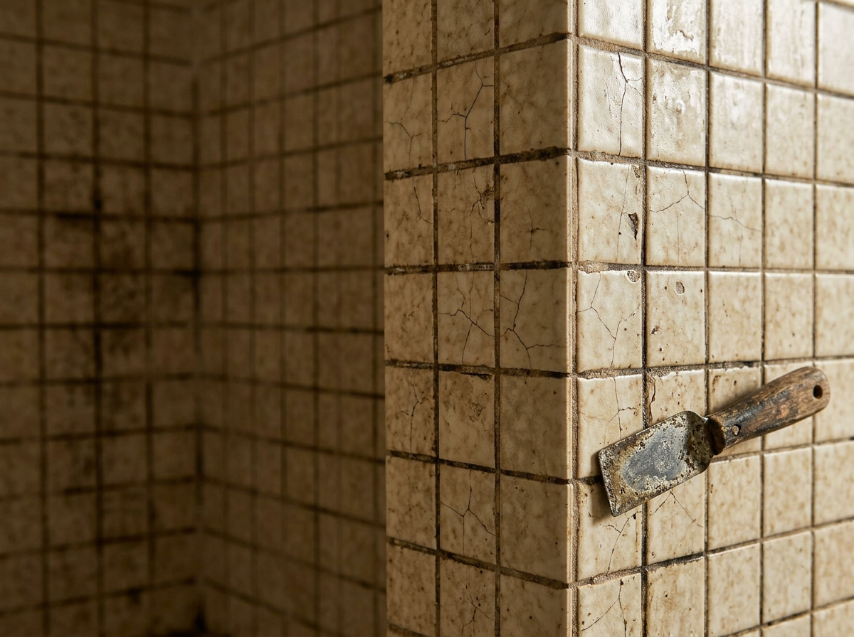 Before image of the same area with cracked small ceramic tile and stained grout