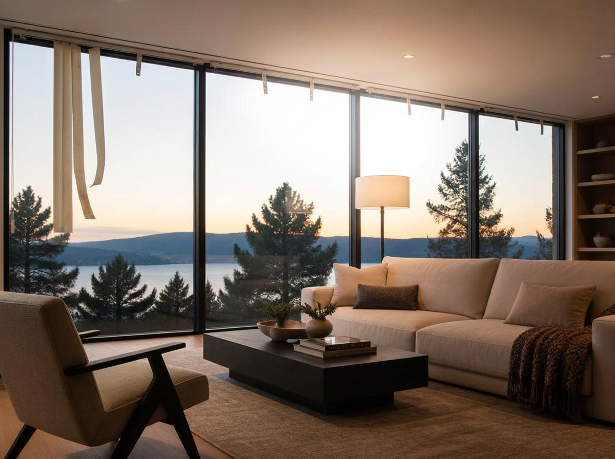 Before image of the same living room with bare windows, harsh glare and exposed rod brackets