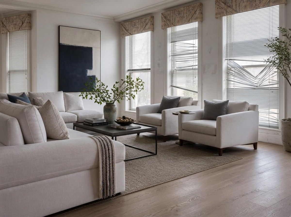 Before image of the same living room with dusty bent aluminum mini-blinds and a dated valance